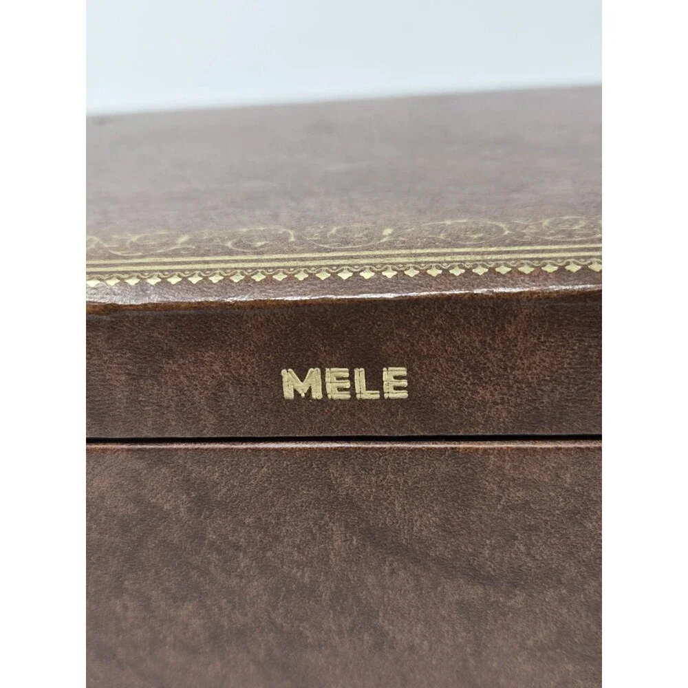 VINTAGE MELE TWO TIER BROWN FAUX LEATHER JEWELERY BOX GOLD FILIGREE CREAM VELVET